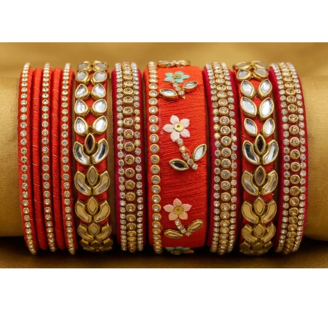 Orange Thread Mirror work Mix and Match Bangles