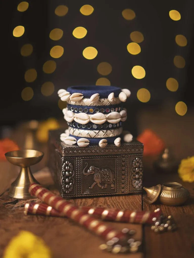 Dhanyashri Shell and Mirror work Bangles - Blue and White