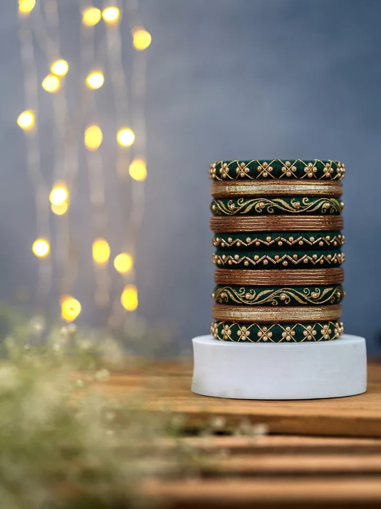 Kinnari Golden Embroidery Thread Work & Golden Beads Bangles - Green & Brown