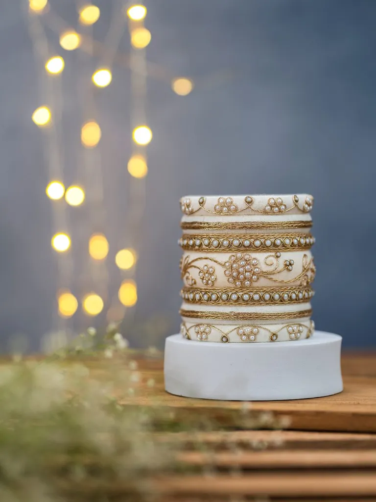Gauri White Pearl Beads Work Bangles