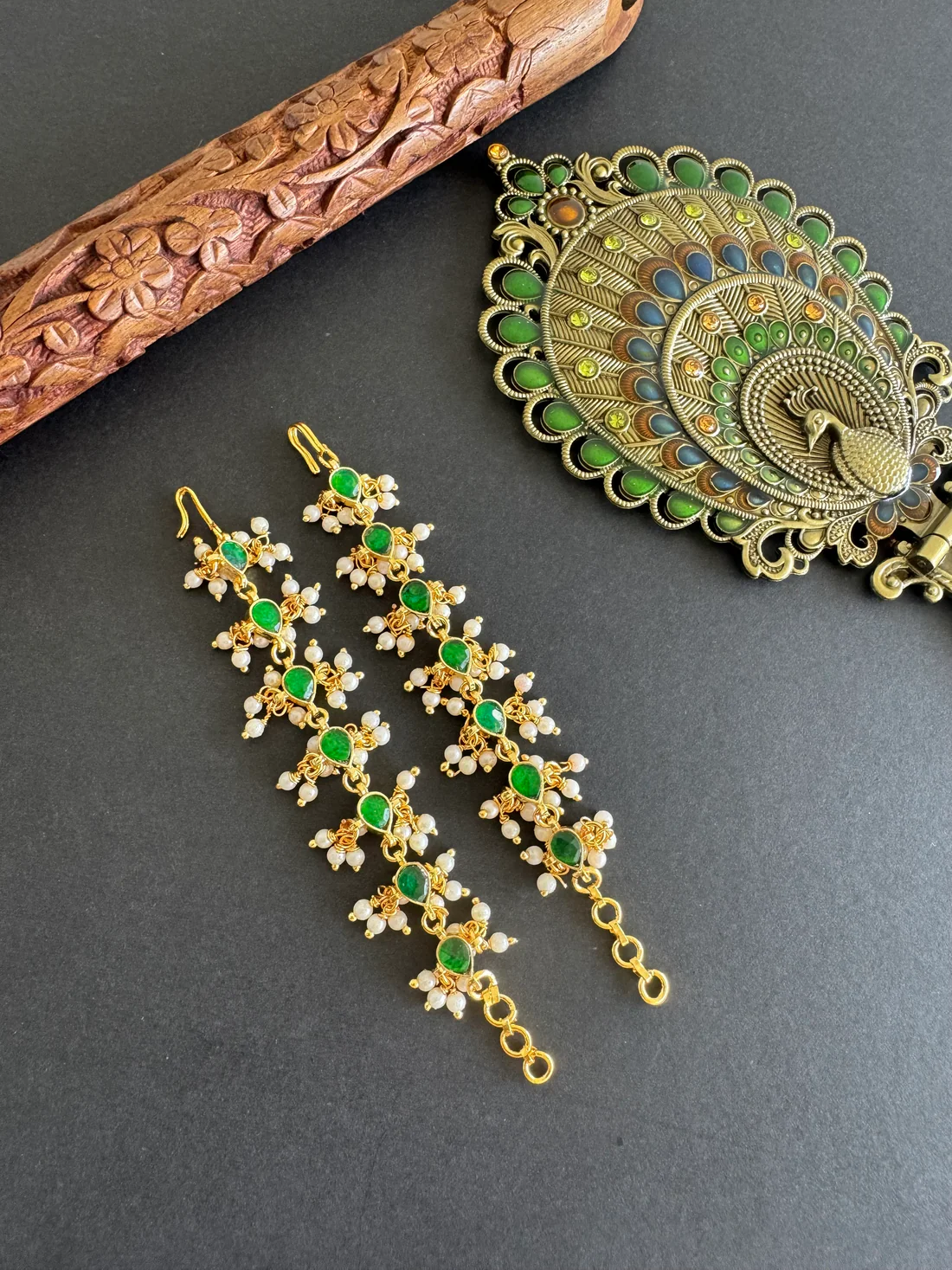 Gold tone Green Kundan Pearl Earchain