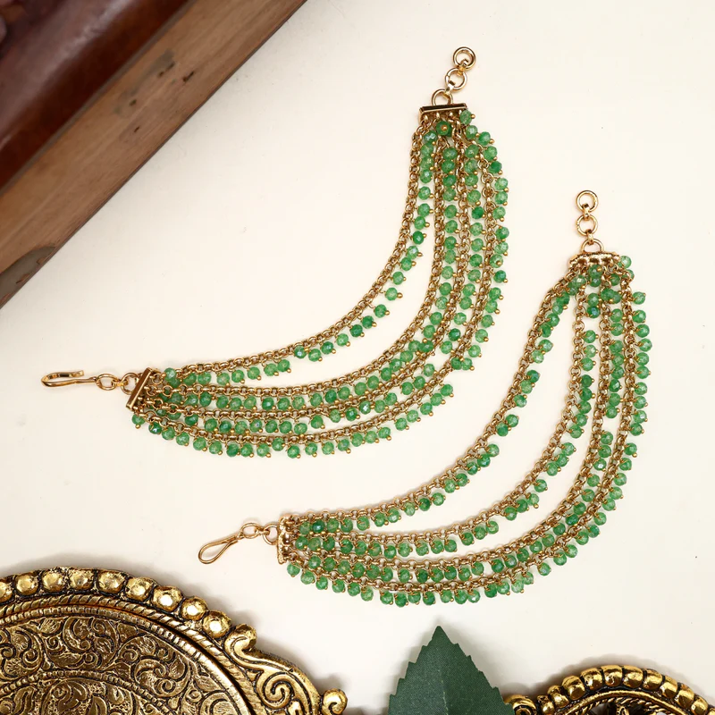 Antique Gold 4 Line Crystal Beads Bridal Earchain - Mint Green