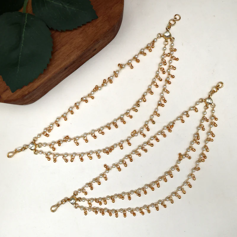 3 Line Pearl Gold Balls Ear chain