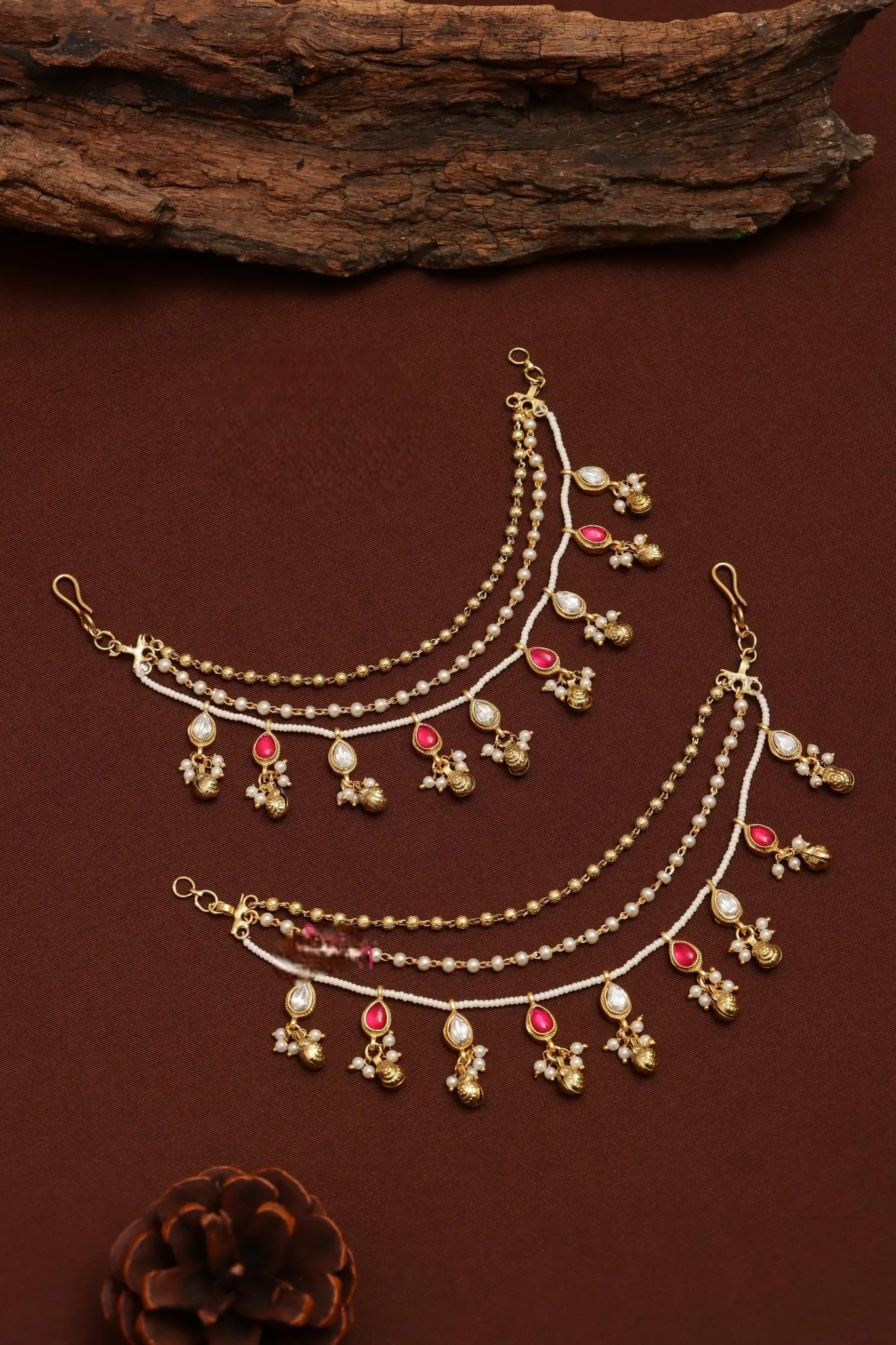 Meenakari Pearl Earchain - Ruby & White