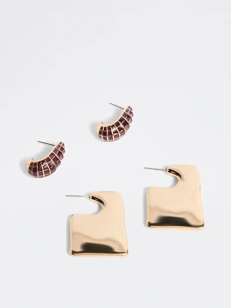 Gold and Burgundy Hoops Earrings