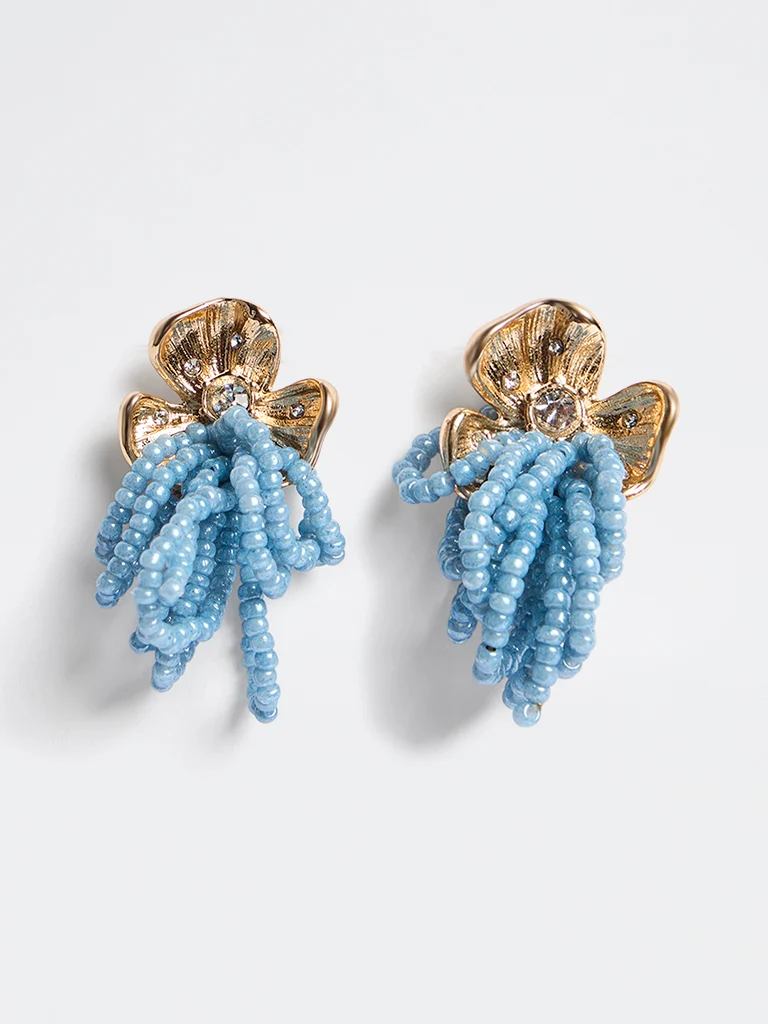 Gold and Blue Beaded Floral Stud Earring