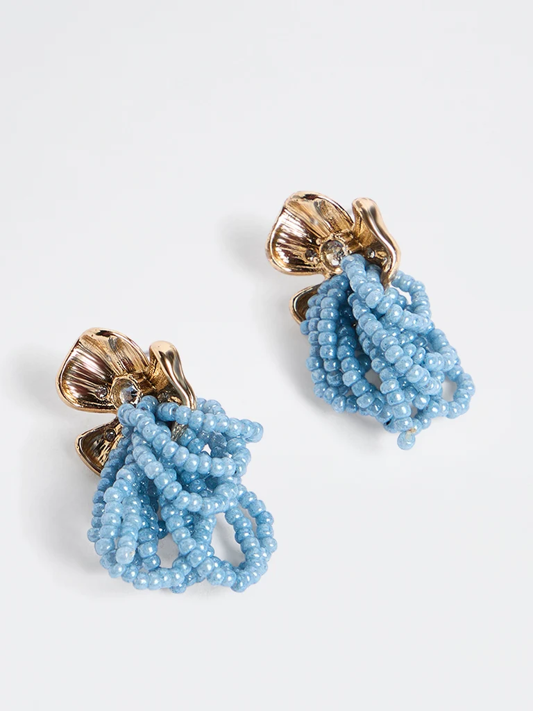 Gold and Blue Beaded Floral Stud Earring