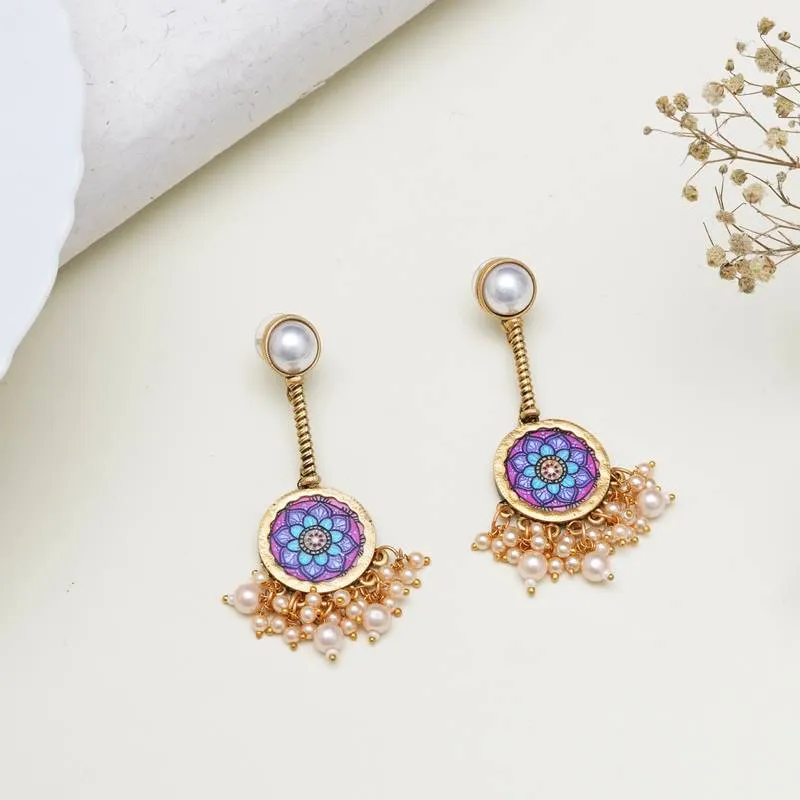 Gold toned Mandala Earrings with Pearl Stud & Clustered Pearl Fringe
