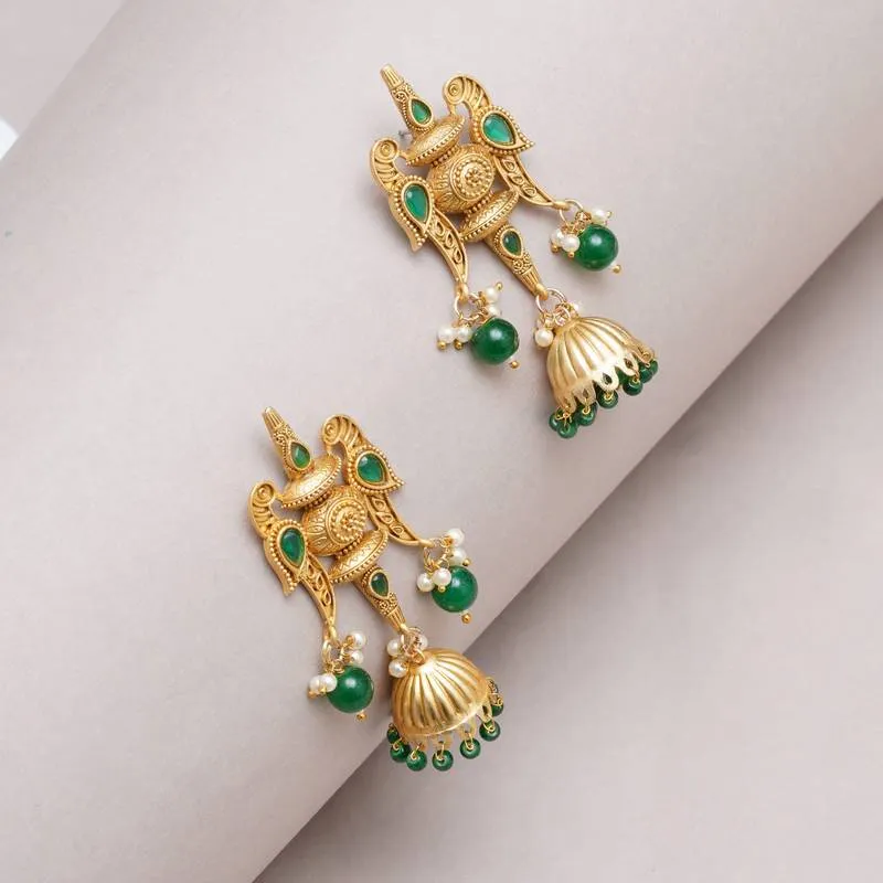Handcrafted Green Beads Jhumkas with Carved Top & Fish Motifs