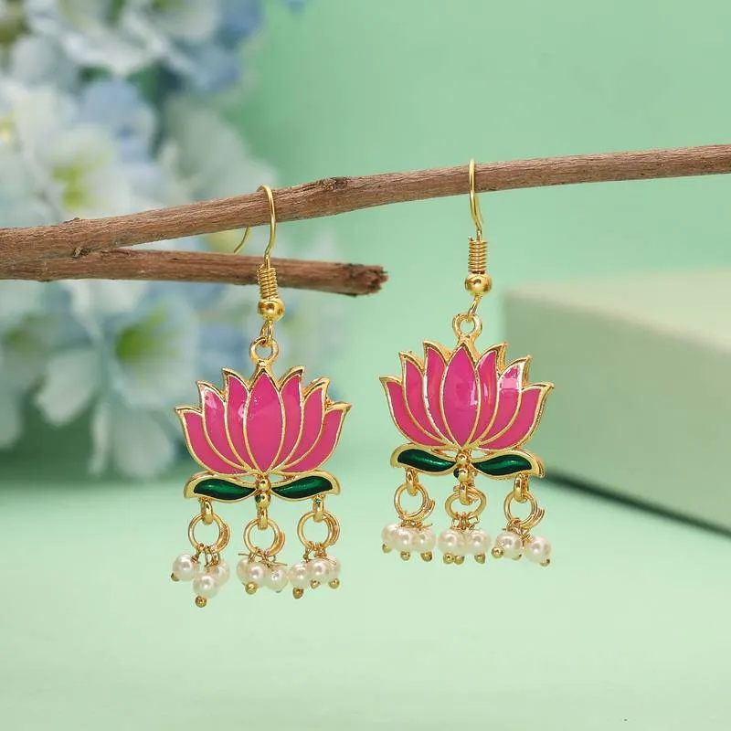 Lotus design Meenakari Earrings - Pink