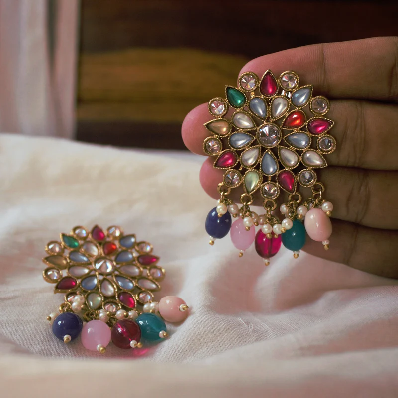 Pearl Drop Flower CZ Studs - Multicolour