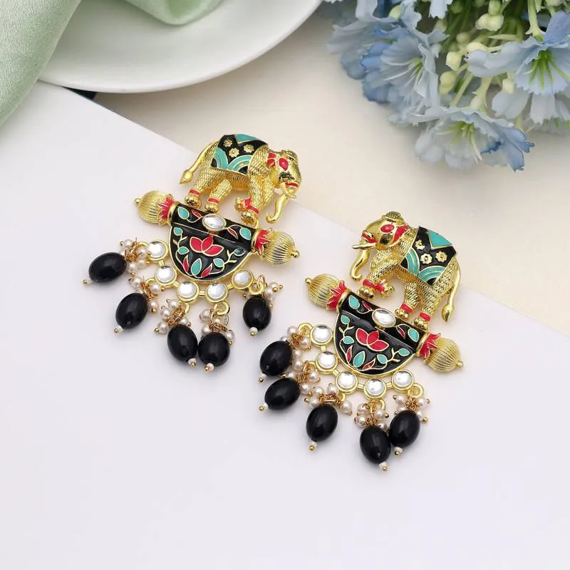 Elephant Meenakari Earrings - Black