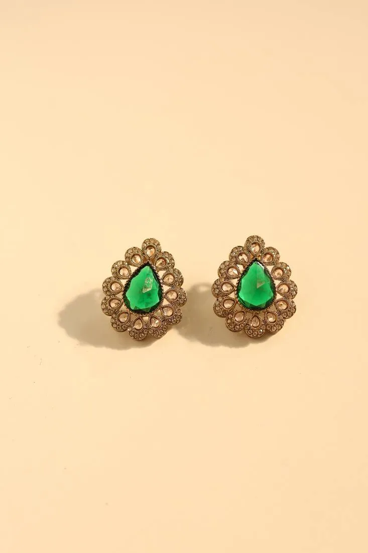 Emerald Green Stone Vintage Statement Earrings
