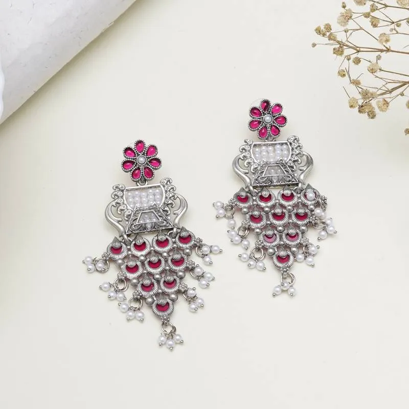 Handcrafted Oxidised Earrings with Pink Enamel & Layered Pearl Tassels