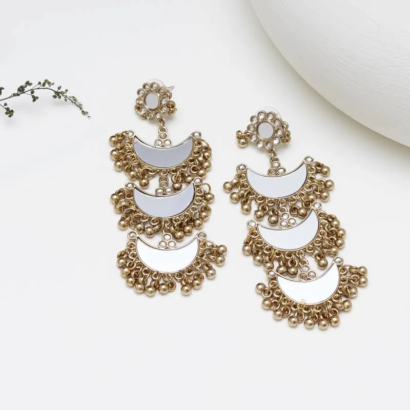 Multilayer Mirror Crescent Dangler Earrings with Gold Beads Fringe