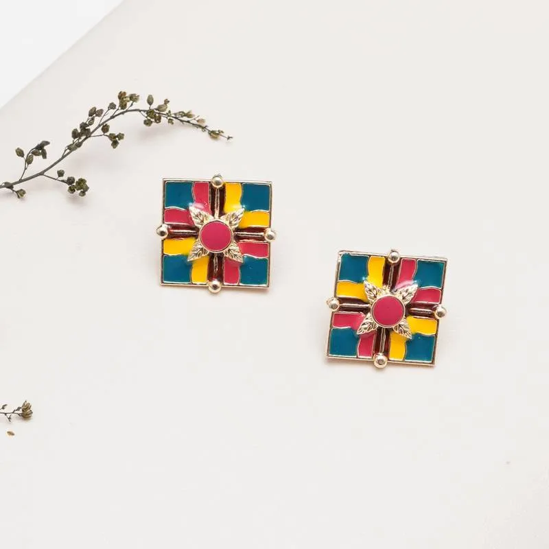 Handcrafted Colour Block Square Earstuds with Leaf Motif Centre