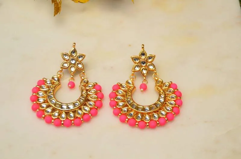 Neon Pink Kundan Chandbali Earrings