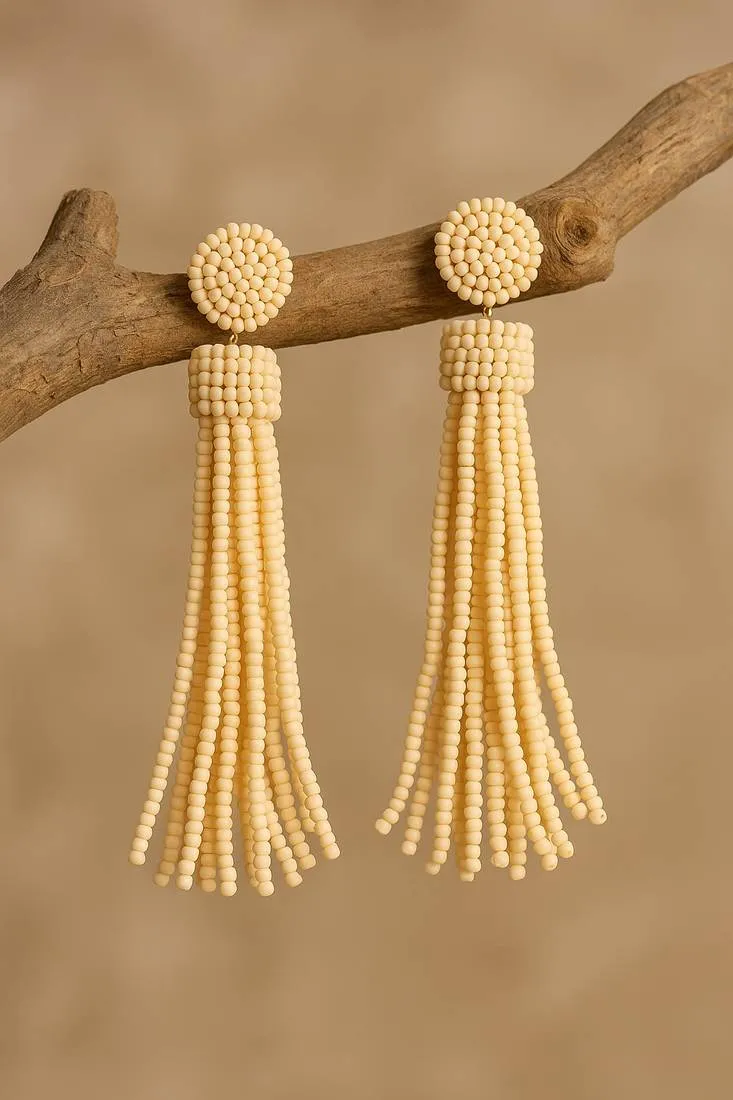 Ivory Beaded Handmade Tassel Earrings