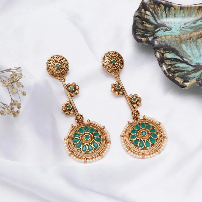 Traditional Gold & Green Enamel Round Dangler Earrings