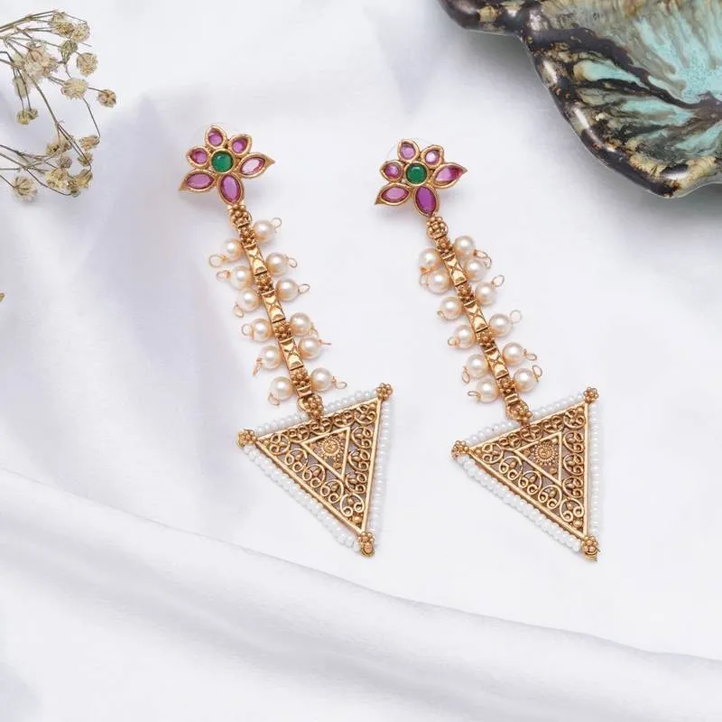 Gold toned Floral Top Triangle Dangler Earrings with Pearl detailing