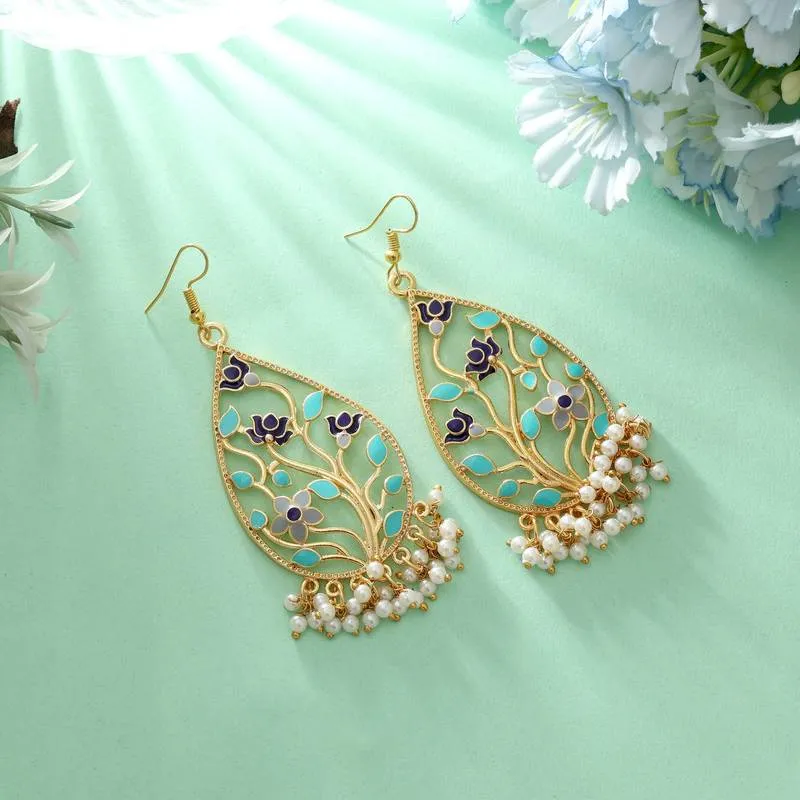 Leafy Filigree Pastel Aqua Enamel Floral Pearl Cluster Earrings