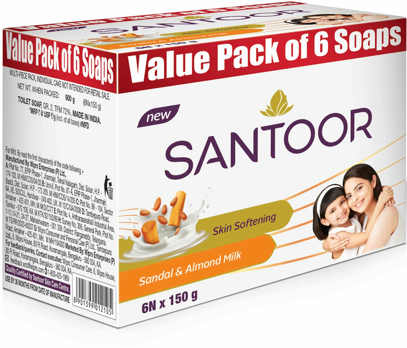 Santoor Skin Softening Sandal and Almond Milk Bathing Bar Soap - 6x150 g
