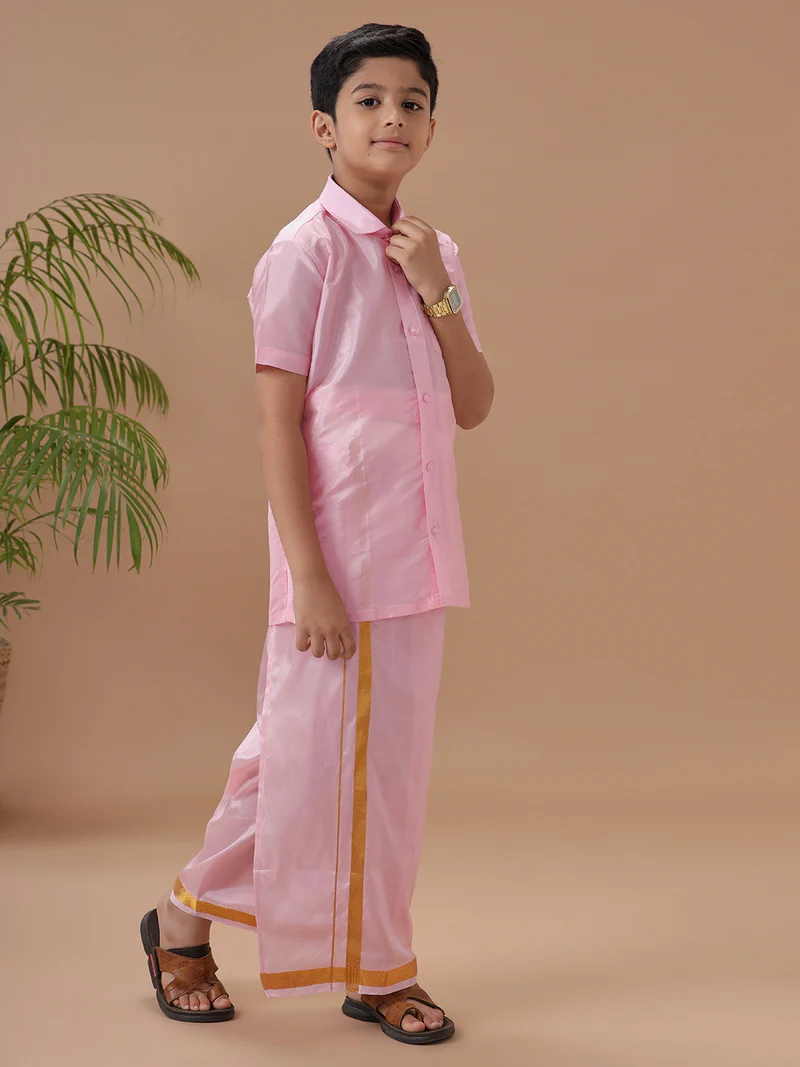 Boys Art silk Shirt & Dhoti Set Petal Pink