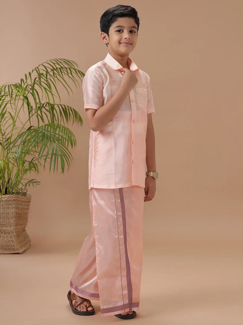 Boys Art silk Shirt & Dhoti Set Coral Pink