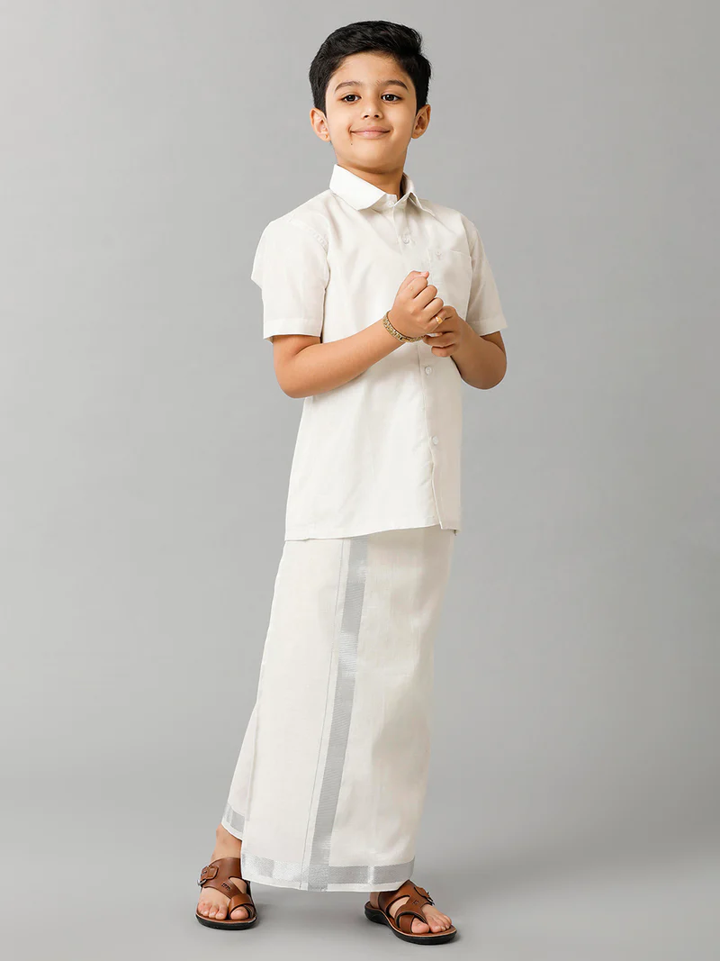 Boys Tissue Jari Half Sleeve Shirt Dhoti Set Sankalpam Silver