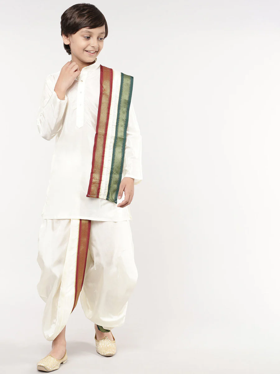 Boys Art Silk Cream Kurta Panchakacham Set