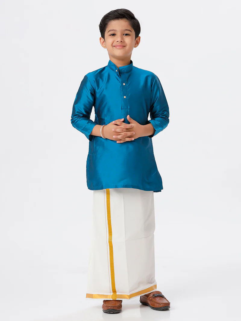 Boys Silk Cotton Full Sleeves Ramar Blue Kurta with Gold Jari Dhoti Combo