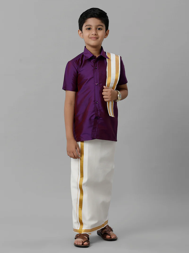 Boys Violet Half Sleeves Shirt with Cream Dhoti Towel Combo K21
