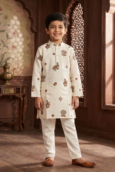 Cream Embroidered Kurta Pyjama Set For Boys