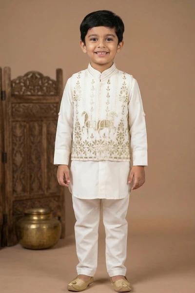 Ivory Kurta Pyjama Set With Embroidered Nehru Jacket For Boys