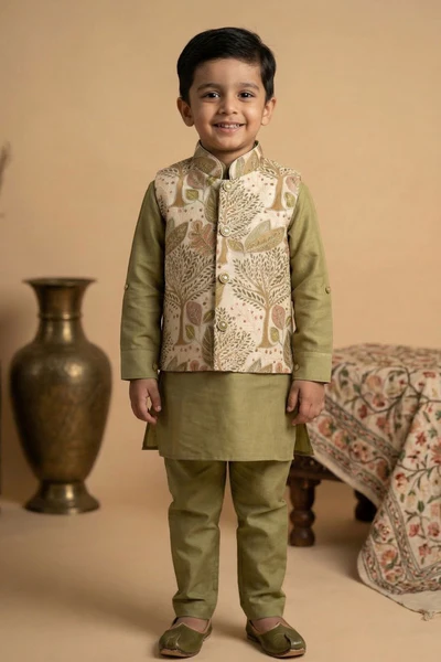 Olive Green Kurta Pyjama Set With Embroidered Nehru Jacket For Boys