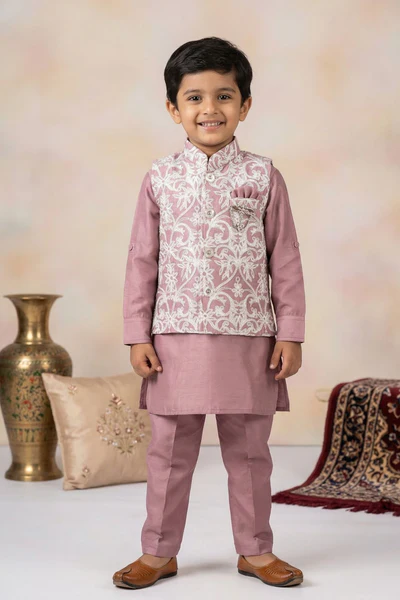 Onion Pink Kurta Pyjama Set With Embroidered Nehru Jacket For Boys