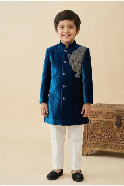 Teal Blue Sherwani Set with Tiger Embroidered Motif For Boys