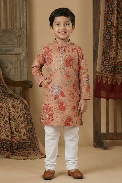Peach  Floral Printed Kurta Set With Pajama For Boys