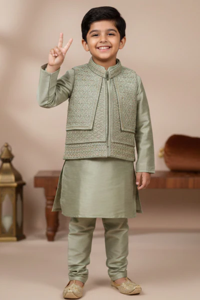 Pista Green Embroidered Kurta Pajama Set with Ethnic Jacket for Boys