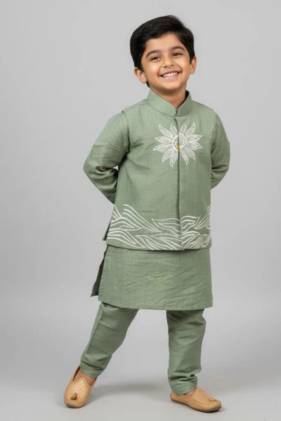 Pista Green Kurta with Embroidered Waist-coat For Boys