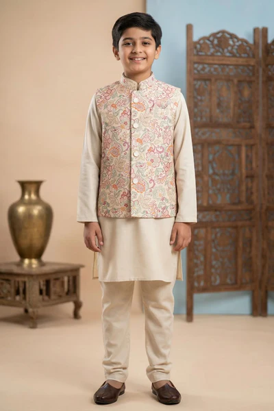 Boys Cream Kurta Set with Floral Printed Nehru Jacket