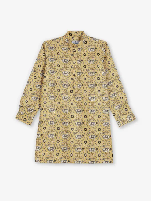 Bright yellow printed cotton silk kurta
