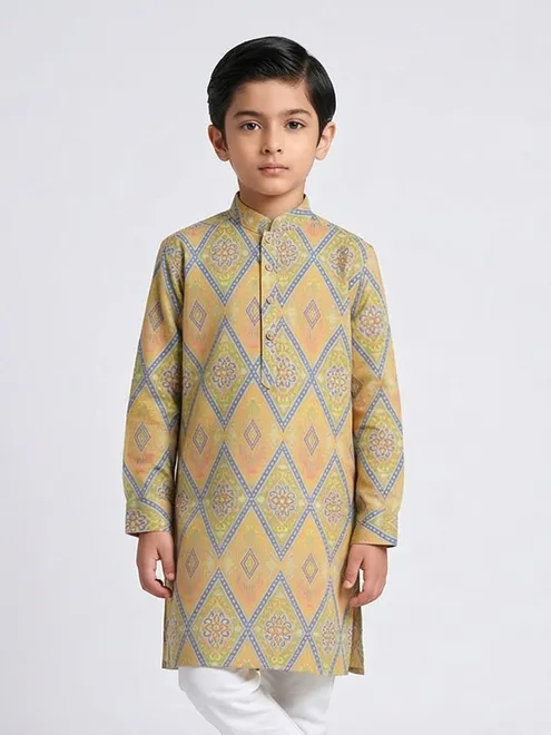 Peach and green printed cotton silk kurta