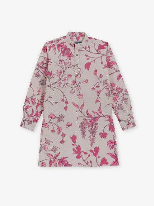 Beige and pink cotton silk kurta for festive