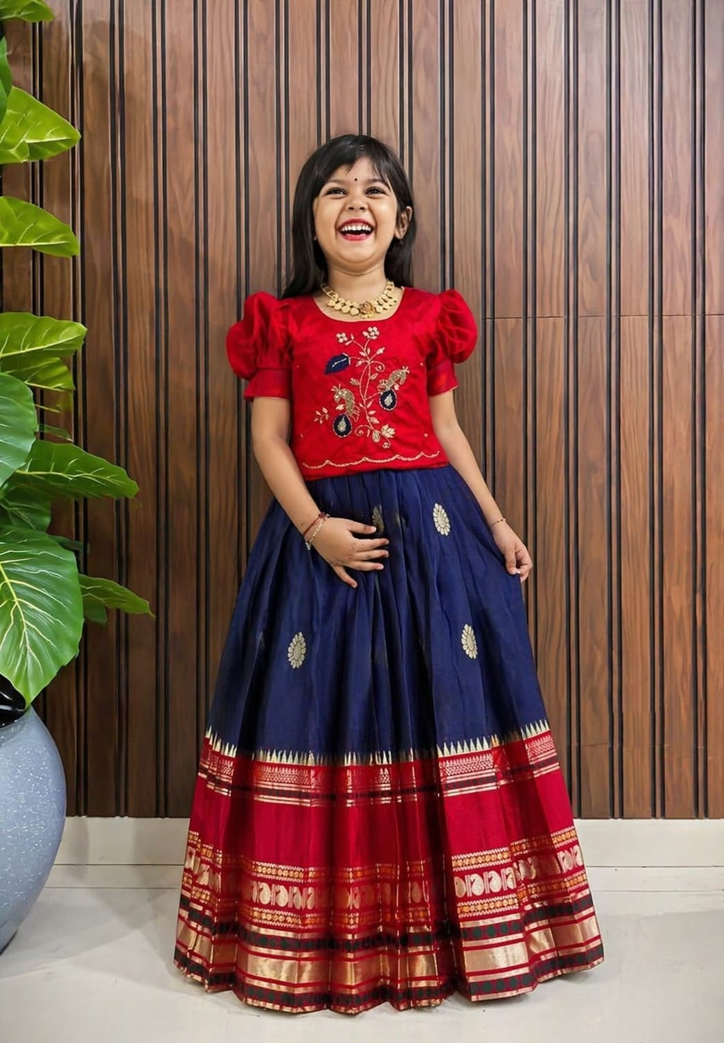 Pattu Pavadai Bright Red with Royal Blue and Gold Zari Border