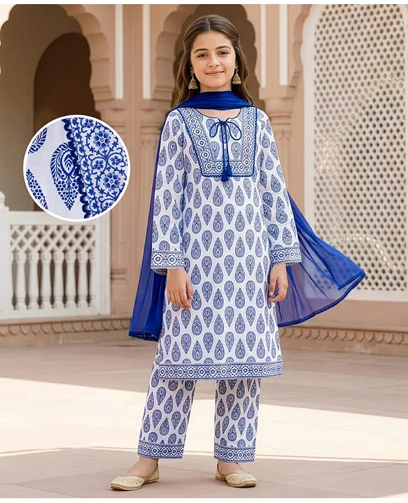 Girls Blue Printed Kurti Set