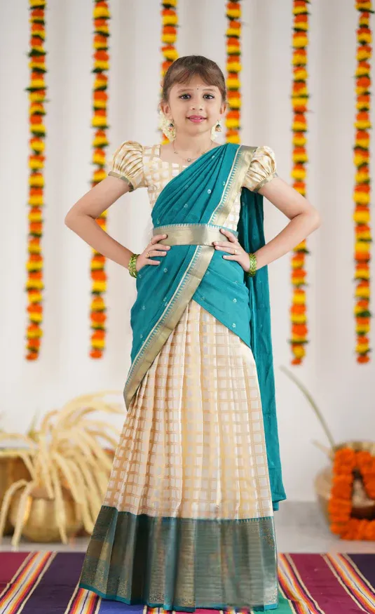 Kumaari Half Saree - Off white and Teal