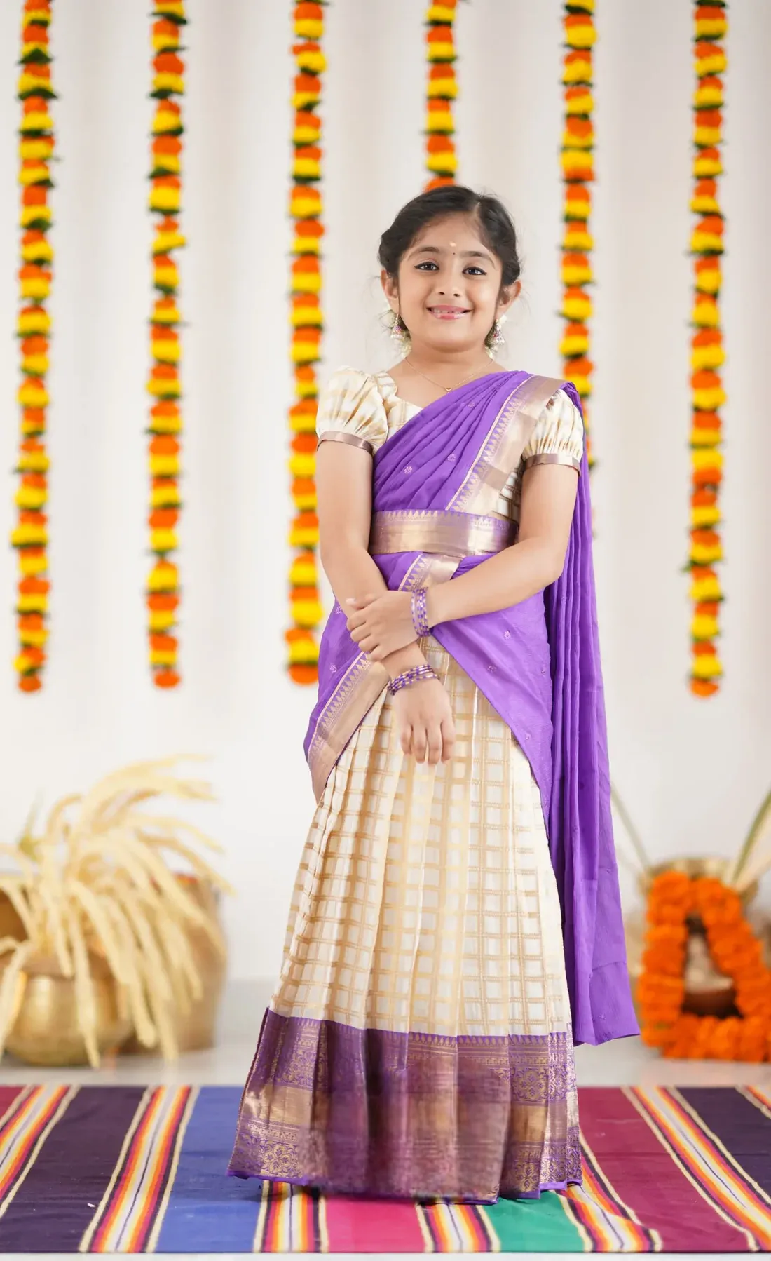 Kumaari Half Saree - Off white and Purple