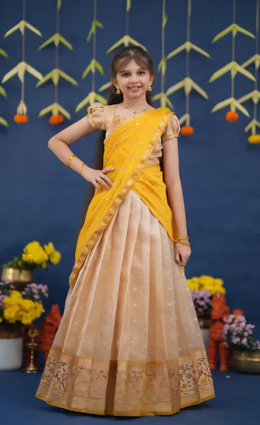 Kumaari Light Yellow and Yellow Paithani Kota Halfsaree
