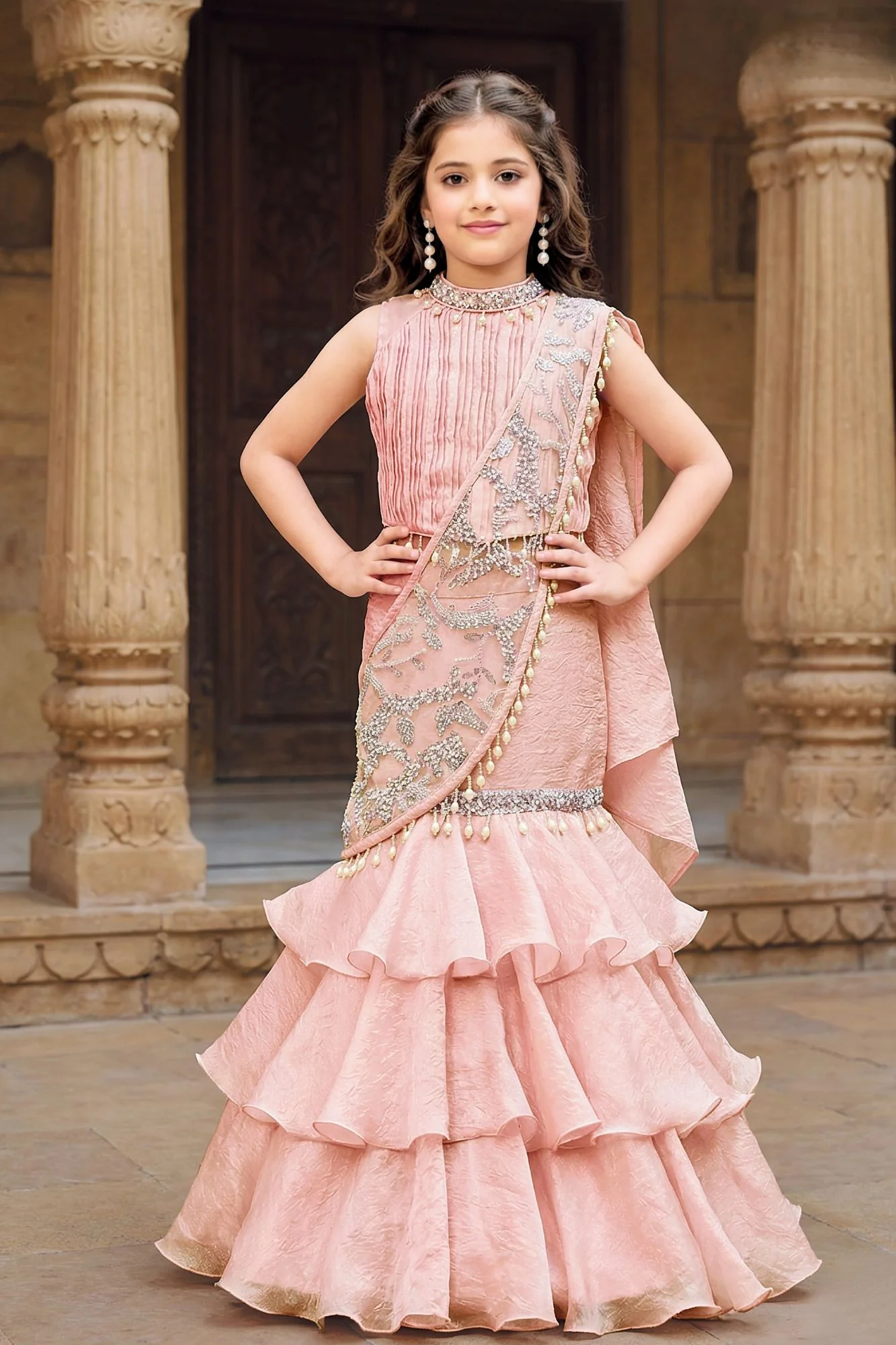 Blush Pink Ruffle Lehenga Choli With Embroidered Draped Dupatta For  Girls